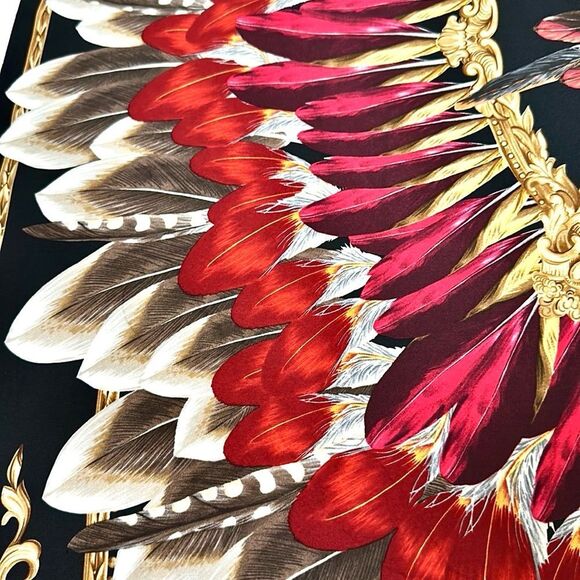 Echo Feather Pow Wow Silk Scarf Feather Pattern Red Taupe Black Gold Details - Picture 10 of 12